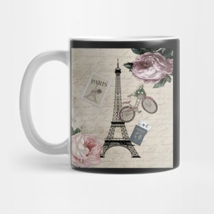 Paris France Pink Roses, Eiffel Tower French Vintage Love Letters Mug